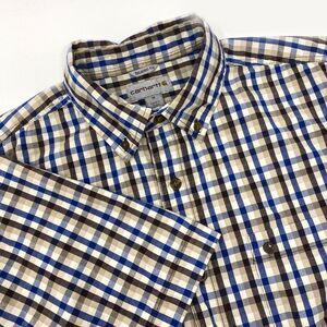 Carhartt Mens Button Down Shirt Short Sleeve Relaxed Fit Blue Brown Plaid Medium